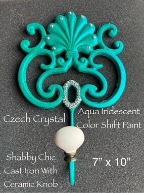 Shabby Chic Aqua Iridescent Cast Iron Wall Hook with White Ceramic Knob